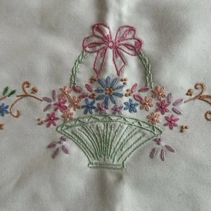 Vintage handbestickt Leinen Tischläufer Häkelspitze Rand Blumen im Korb - Bild 1 von 8