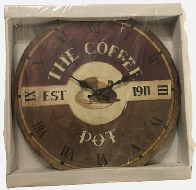 The Coffee Pot Est. 1911 BrownRoman Numerals Round Quartz Wall Clock 13.5" New - Image 1 of 3