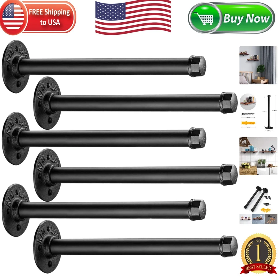 Industrial Black Iron Pipe Shelf Brackets 6 Pack Elibbren 13.7 Inch Vintage Wal