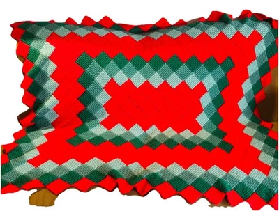 VTG Handmade Crochet Knit 70's Afghan Throw Blanket Red Green Christmas 50x60” - Image 1 of 4