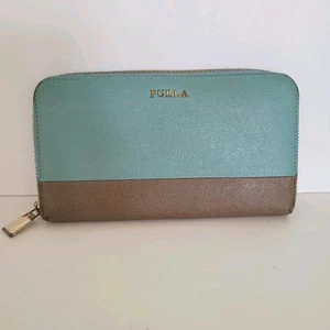 Furla Geldbörse groß türkis blau grau zwei Block Echtleder italienischer umlaufender Reißverschluss - Bild 1 von 13
