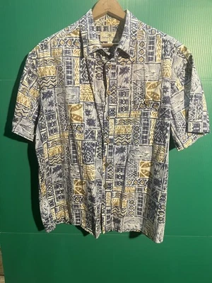 Camisa Hawaiana Island Shores XL Azul Tostado Tribal Estampado de Retazos 100% Algodón Shor Foto 1 de 4