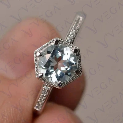 3.20Ct Round Cut Natural Aquamarine and Diamond Prong Ring 950PT Platinum Plated - Image 1 of 4