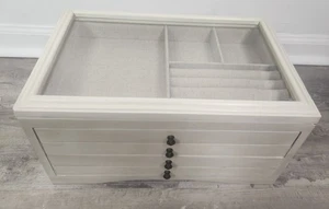 Pottery Barn Large Ivory Glass & Linen Jewelry Box/Case - Picture 1 of 10