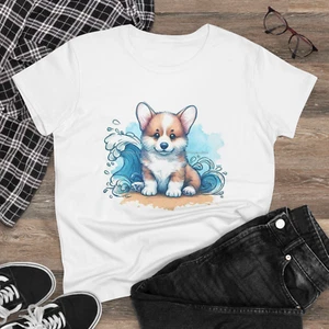 Digipups Corgi Puppy Dog Ocean Beach And Sand Portrait Drawing #2 Ladies T Shirt - Picture 1 of 3