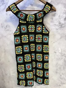 Vintage Crochet Flower Dress Womens Small Black Multicolor Luv2Luv - Picture 1 of 12