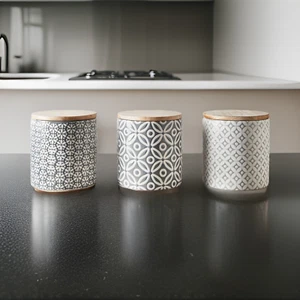 Juego de 3 latas de té café y azúcar con tapa de bambú frascos de almacenamiento decoración de cocina - Imagen 1 de 3