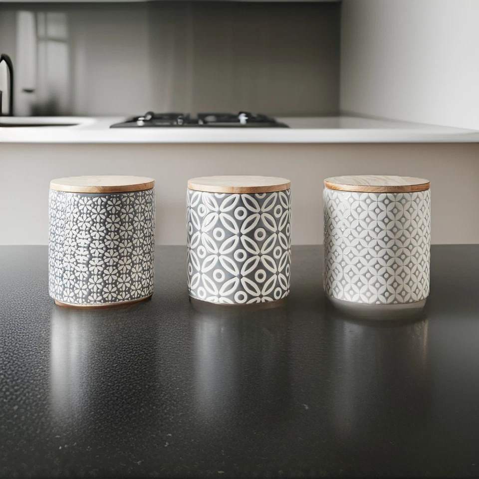 Set of 3 Tea Coffee Sugar Canisters with Bamboo Lid Storage Jars-Kitchen Decor - Image 1 of 3