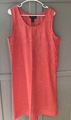 Denim&Co  Linen Blend Sleeveless  Embroidered Jumper Dress Size L  Coral Side Bu - Image 1 of 4