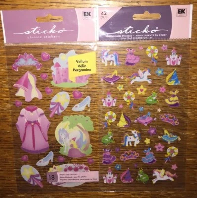 Lot Of 2 Sticko Girl Fairy Tale Princess Unicorn Castle Flower Scrapbook Sticker - Image 1 of 4