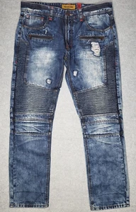 Vintage Makobi MK M1728 Men's Blue Distressed Denim Wash Moto Jeans Size 34x32 - Picture 1 of 11