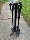 Five Piece Vintage Fireplace Tool Set Wrought Iron 28" Tongs Broom Excellent
