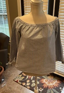 Woman VINEYARD VINES blue White Seersucker Stripe Off Shoulder Shirt Sz 2 Top - Picture 1 of 7