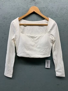 Gold Hinge White Square Neck Long Sleeve Crop Top Size L Women’s Fitted Basic - Picture 1 of 8