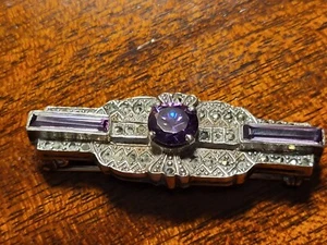 Art Deco White Sapphire Women's Brooch Pin 925 Sterling Silver Purple Tourmaline - Picture 1 of 14