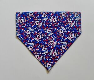 PATRIOTIC RED/WHITE/BLUE "WOOF" DOGS ON NAVY  DOG SCARF/BANDANA--S, M, L