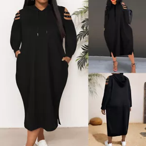 Womens Cold Shoulder Hooded Shirt Dresses Ladies Casual Dresses Plus Size - Picture 1 of 16