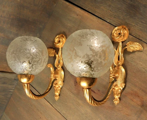 French Vintage Empire Gold Gilt Wall Sconce Light PAIR Eagle Head Roses 1950s Cover
