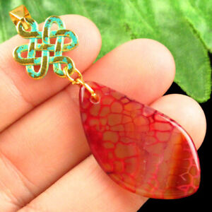 Red Dragon Veins Agate Freeform Brass Bronze Chinese knot Pendant R93984