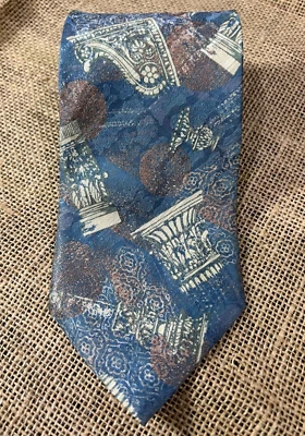 CLÁSICA CORBATA DE HOMBRE VINTAGE JAPÓN ARTE ABSTRACTO AZUL Y MARFIL 100% SEDA Foto 1 de 4