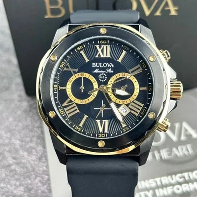 Bulova 98B278 Men's Marine Star Chronograph Watch Gold/Black Dial Rubber Strap - Image 1 of 4