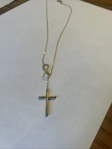 Gold über Sterling Silber Lariat Infinity ♾ & Kreuz ✝️ Anhänger Kette Halskette - Bild 1 von 7