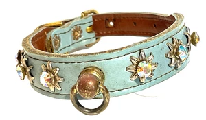Vin. 1980er ~ 90er Jahre Glas Strass, blau Feind Leder Haustier Halsband 10,5 "x3/4" Gr-10 - Bild 1 von 3