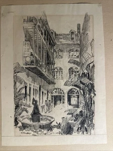 E H Suydam Courtyard Of The Two Sisters Royal Street New Orleans Pencil Art VTG - Picture 1 of 11