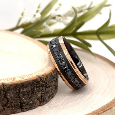 8mm Rose Gold Tungsten Carbide Band Comfort Fit Black CZ Stones Durable Ring - Image 1 of 4