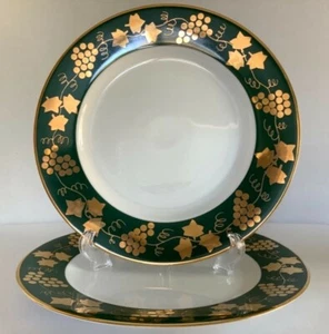 2 Crate & Barrel “Grapes & Leaves”Design 10.25" Dinner Plates W/Green & Gold Rim - Picture 1 of 7