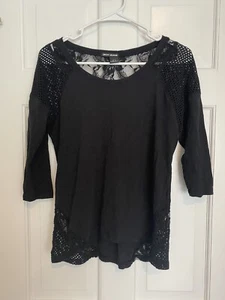 DKNY Black Long Sleeve Top Cotton Women Lace XS Xtra Small - Picture 1 of 4