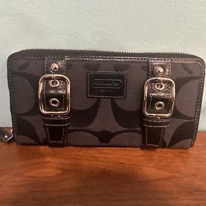 Vintage Coach Zoe Double Buckle Black Leather And Material Zippered Wallet - Picture 1 of 5