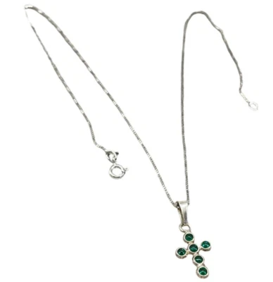 Collana croce femminile color verde smeraldo luminosa in argento 925 rodiato Ita - Immagine 1 di 4