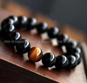 10mm Natural Black Agate & Yellow Tiger Eye Round Gemstone Beads Bracelet 7.5" - Picture 1 of 12
