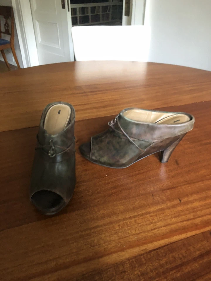 SCHULER SONS PEEP TOE PLATFORM MULES SLIDES Brown LEATHER sz 10 B Shoes - Imagem 1 de 4