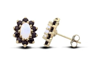 9ct Yellow Gold Natural Opal & Sapphire Cluster Stud Earrings - Picture 1 of 5