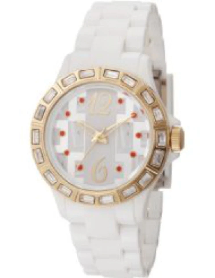 NEW L By Elle LE50012P03 Womens Analog Watch White Plastic Stones Gold Bezel - Image 1 of 1