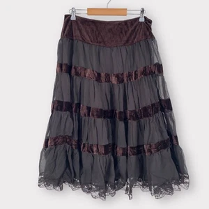 Aziz Women's Size Large Broom Skirt Ruffled Boho Midi Brown Tiered Velvet Lace - Picture 1 of 9