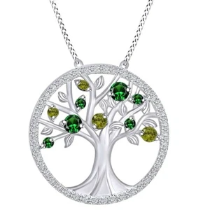 0.75 Ct Simulated Emerald-Peridot Tree of Life Pendant 14K White Gold Plated - Picture 1 of 6