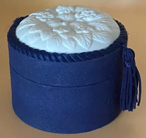 Vintage Round Navy Blue Trinket Box w/ Porcelain Floral Tassled Lid - Picture 1 of 5