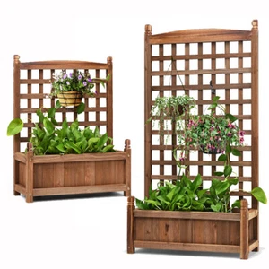 Indoor Outdoor Large Raised Bed Planter Box with Trellis Weather-Resistant Wood - Picture 1 of 26