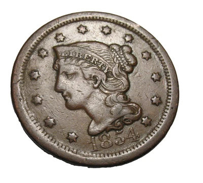 OLD US COINS S 1854 BRAIDED HAIR LARGE CENT PENNY  1C - Image 1 of 2