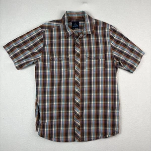 PrAna Shirt Mens Size Medium Brown Blue Plaid Snap Short Sleeve. Pockets Outdoor - Picture 1 of 8