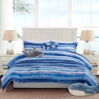  Beach Stripe Bedding Sets 6 Pieces Coastal Striped Comforter Set King Blue - Image 1 of 4
