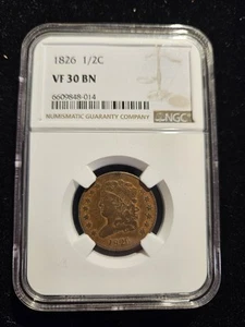 1826 Classic Head Half Cent NGC VF 30 BN Brown - Picture 1 of 5