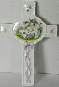 1991 Betty Chaisson Roman White Porcelain w Purple Ribbon & Baby in Bassinette - Picture 1 of 2