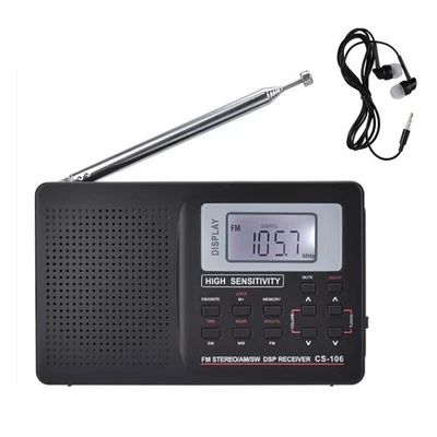 1Pc Black CS-106 Digital Radio LCD Display FM/AM/SW/MW Receiver w/ Earphone - Image 1 of 4