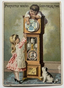 Victorian Trade Card Brook's Machine Cotton, Katze, Kinderuhr - Bild 1 von 2