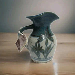 Emerson Creek Pottery Blue Milk Pitcher, Bedford, VA - 6" tall Blue Floral - Picture 1 of 6