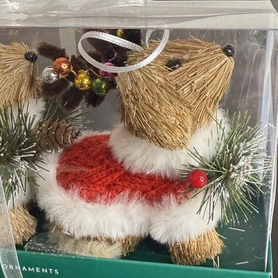 Reno NAVIDAD FESTIVO Perro Paja Suéter Conos de Pino Adornos 2 Set NUEVO Foto 1 de 4